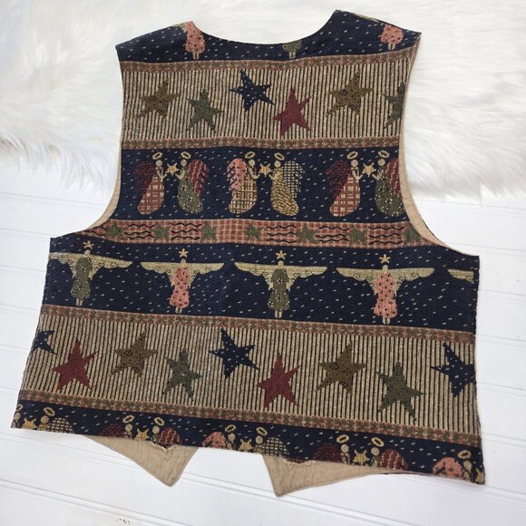 Vintage On The Verge Tapestry Vest Angels & Stars Print Christmas Women's Lg USA - Picture 2 of 7